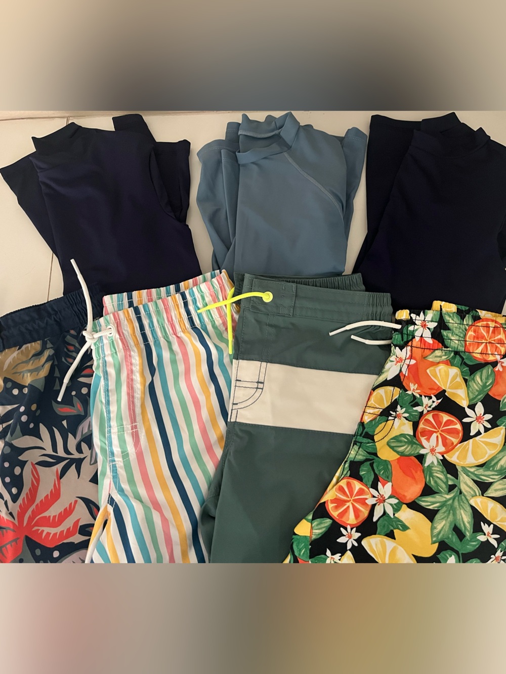 Boys Swim Trunks and Rash guards - Stripes, Citrus & Tropical- Size 8 medium